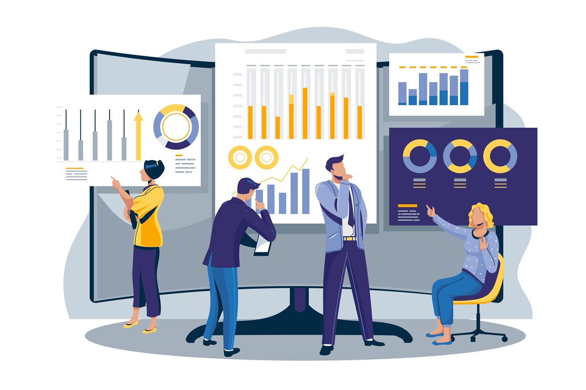 Ilustração de equipe de análise técnica interpretando gráficos e dados de desempenho para identificação de causa raiz (RCA) em processos industriais.