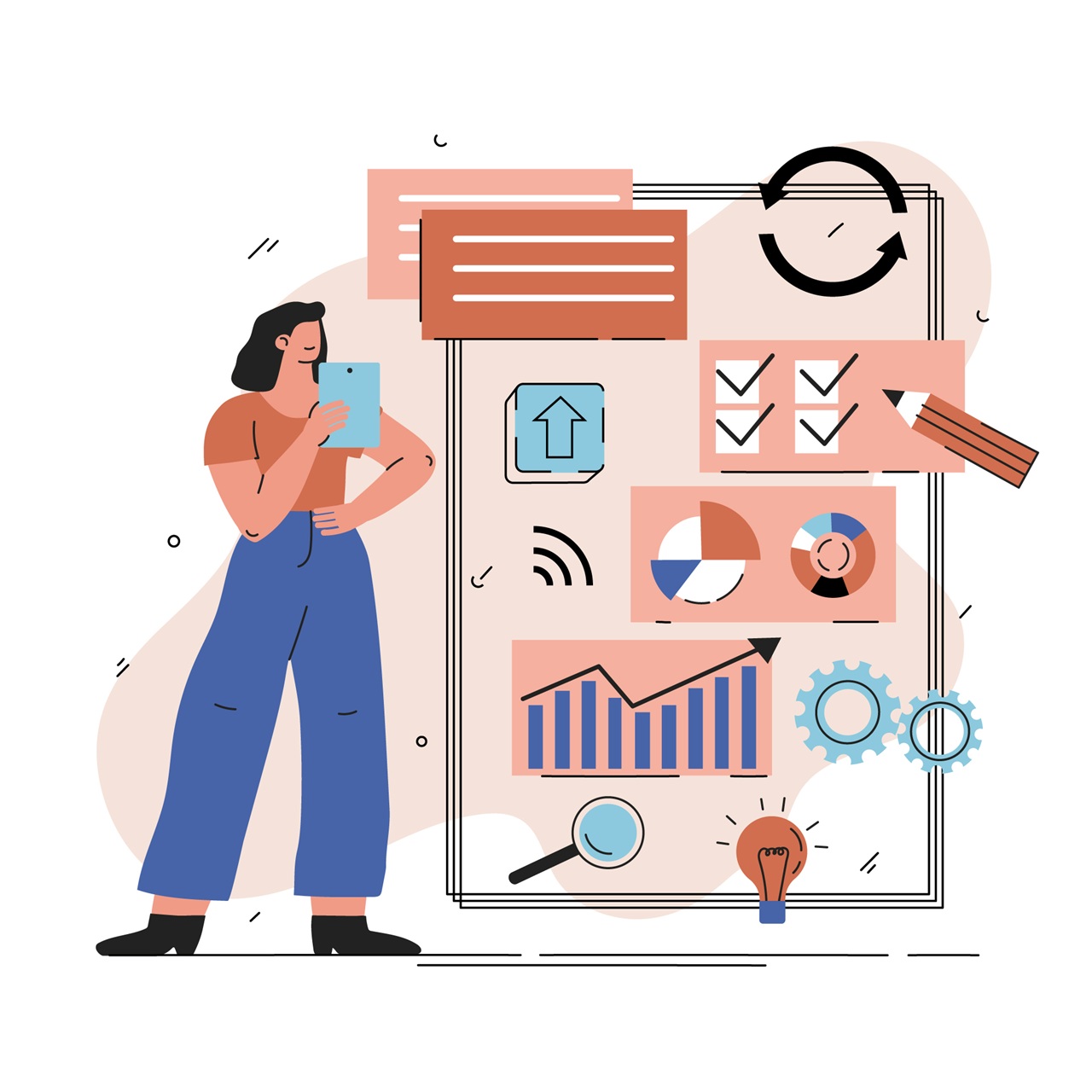 Ilustração de planejamento estratégico e priorização de tarefas com checklists, gráficos de resultados e ícones de melhoria contínua.