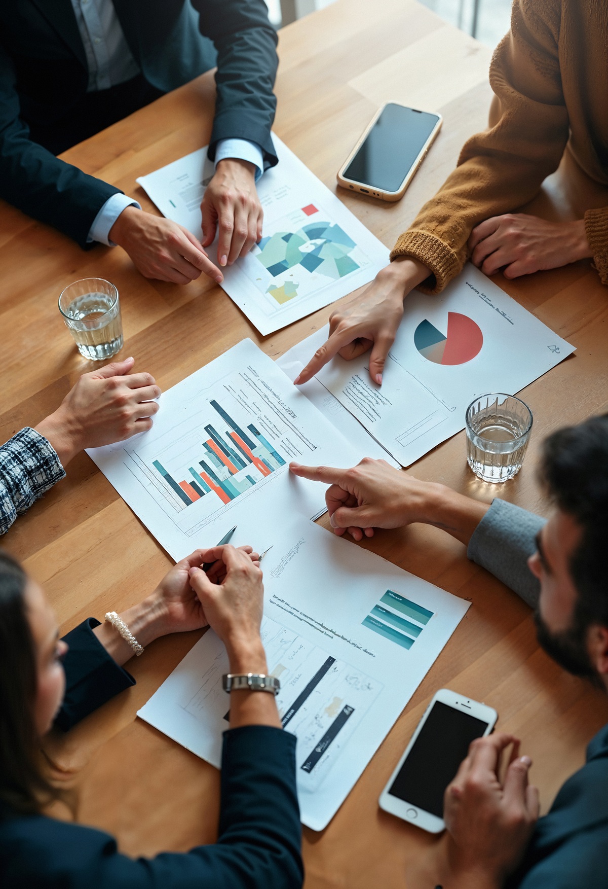 Equipe de gestão analisando gráficos de desempenho e relatórios técnicos em reunião de alinhamento estratégico.