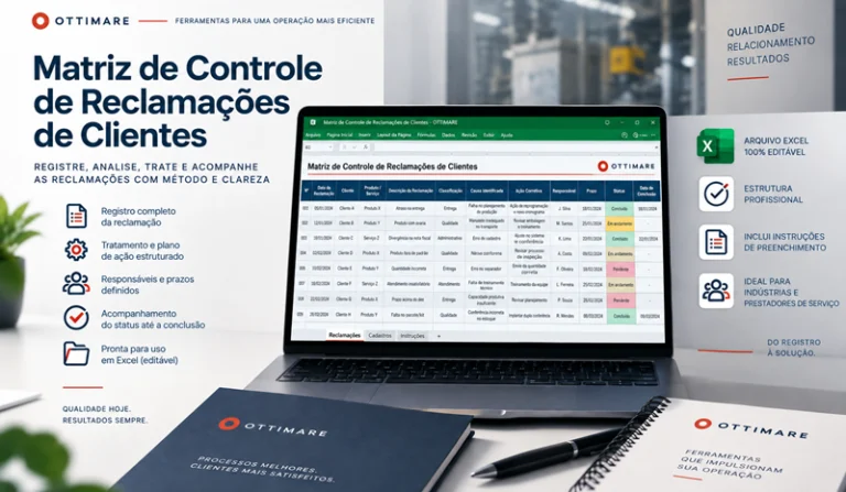 Matriz de Controle de Reclamações de Clientes da OTTIMARE em Excel
