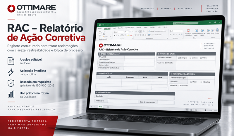 RAC - Relatório de Ação Corretiva da OTTIMARE em Excel para tratamento de reclamações