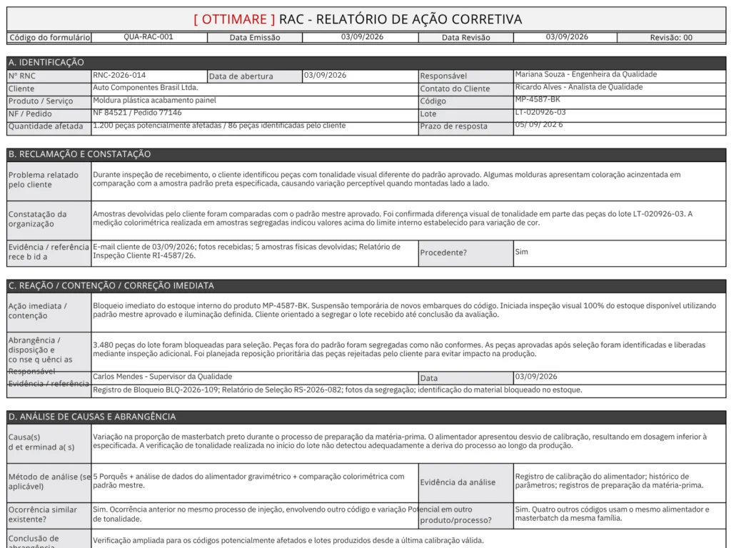 Exemplo preenchido do RAC para tratamento de reclamações de clientes, com identificação, contenção e análise de causas